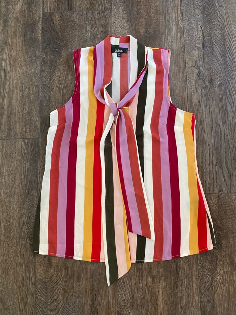 Sleeveless Tie-Neck Multicolor Stripe Blouse